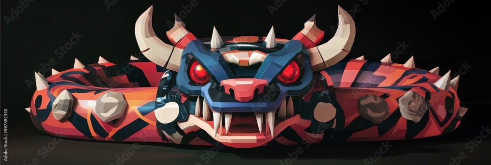 Abstract Dragon-like Creature with Horns and Spikes in Red, Orange, Blue and Black Abstract Dragon-like Creature with Horns and Spikes in Red, Orange, Blue and Black