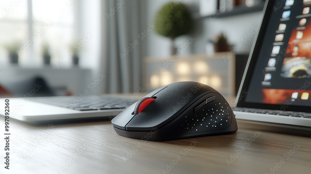A computer mouse rests on a desk beside a laptop. A computer mouse rests on a desk beside a laptop.