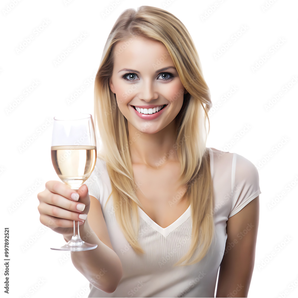 Smiling young woman sitting with a martini glass on transparent background Smiling young woman sitting with a martini glass on transparent background