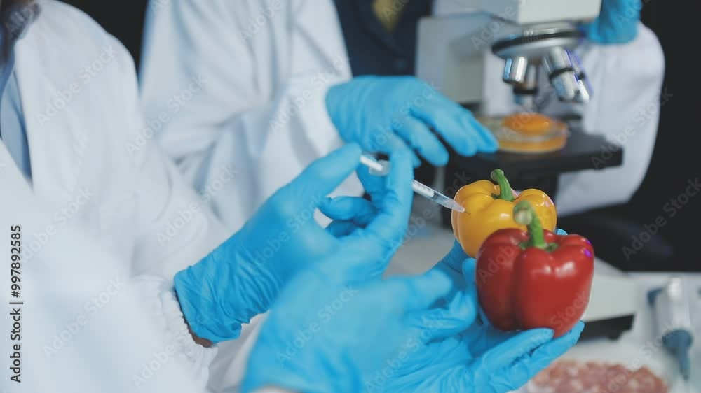 Scientist team asian man and woman testing and researching food, researchers testing vegetables inside laboratory using microscope, workers in white medical coats. Scientist team asian man and woman testing and researching food, researchers testing vegetables inside laboratory using microscope, workers in white medical coats.