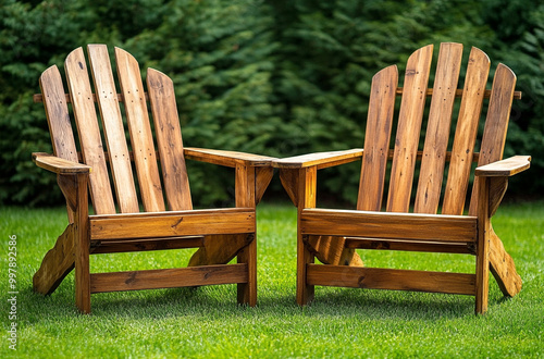 Two wooden chairs sitting on top of green grass photo