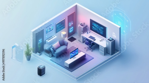 An isometric illustration of a smart home office equipped with AI-augmented reality tools, showing the integration of various smart devices in a sleek, minimal color environment with copy space.