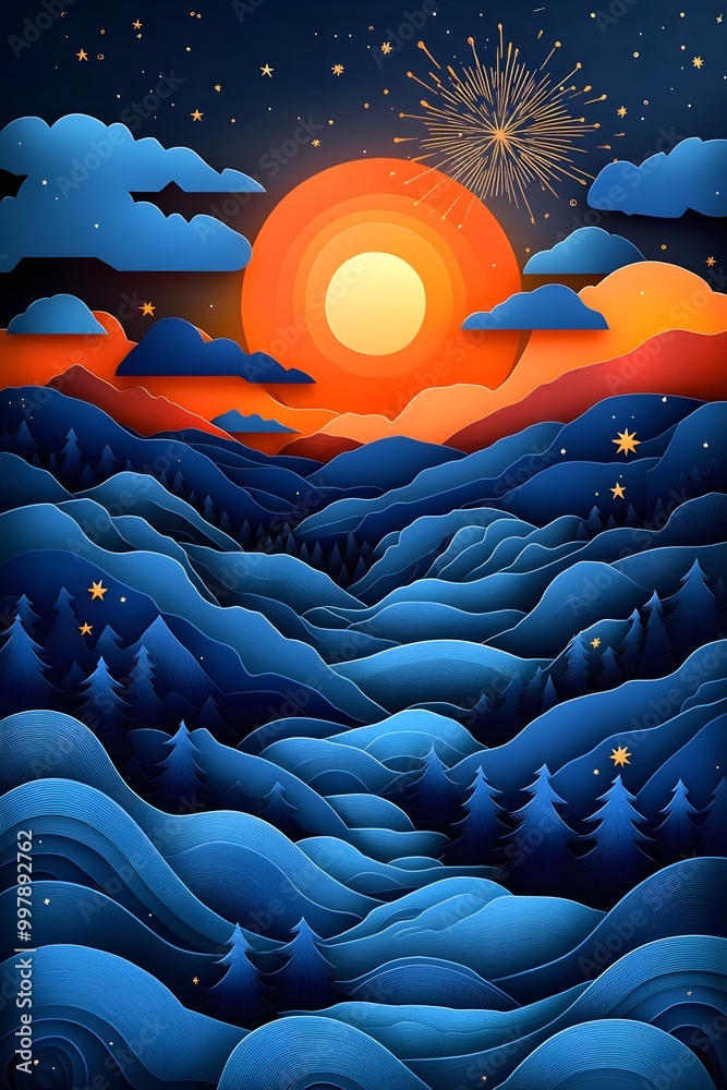 Fototapeta premium Papercut landscape with flowing abstract waves, stars, and fireworks for a festive New Year design
