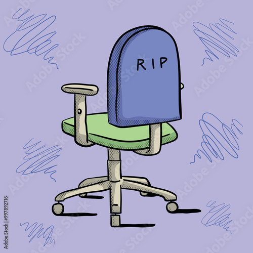 Vector illustration of an office chair with a tombstone-shaped backrest inscribed with "RIP". Humorous and satirical design about workplace stress. Perfect for decorating offices, blogs, and social me