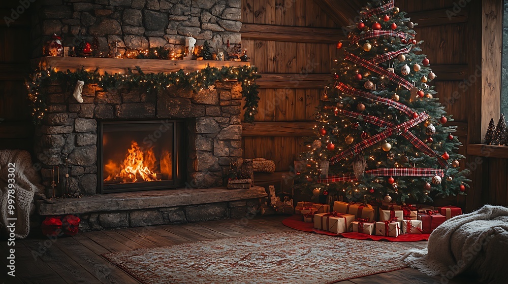 Fototapeta premium A Christmas tree wrapped in plaid ribbons, rustic wooden ornaments, and woolen garlands, placed in a warm log cabin with a large fireplace and cozy woolen blankets,