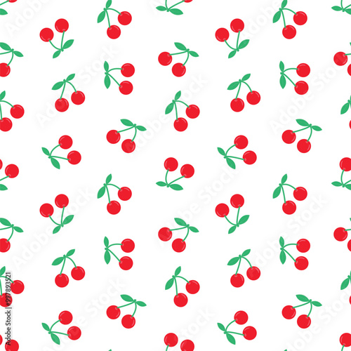 Seamless pattern of simple red cherries on transparent background