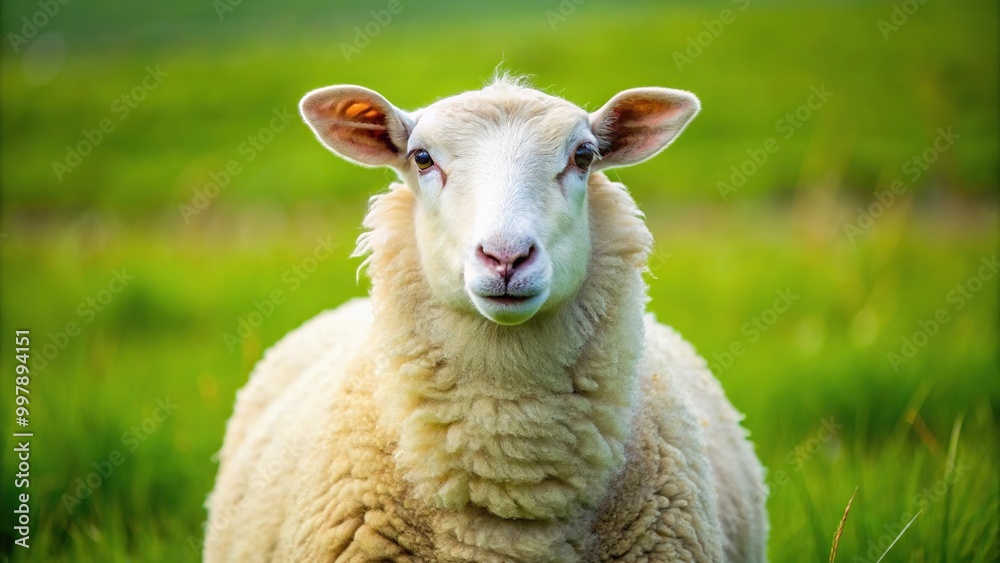 Eye level view of white sheep grazing peacefully in a lush green field Eye level view of white sheep grazing peacefully in a lush green field