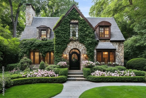 A charming stone cottage surrounded by lush greenery and colorful flowers, featuring ivy-covered walls and warm, inviting windows.