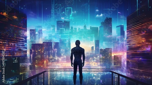 Futuristic cityscape with a digital human silhouette overlooking a cyber metropolis