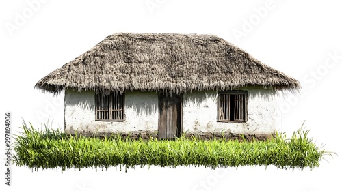 Isolated Traditional Thatched Roof House on Green Grass