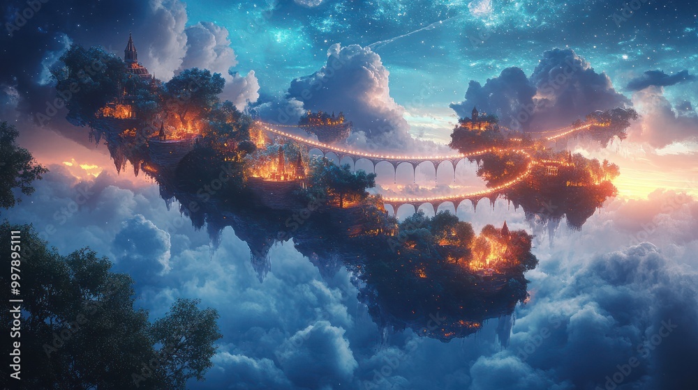 Floating islands in the sky connected by glowing bridges of light Stock ...