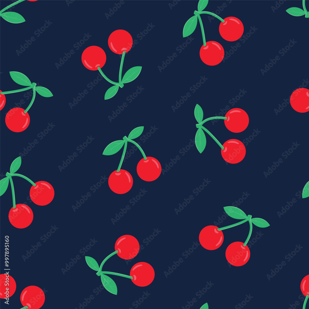 Seamless pattern of simple red cherries on dark blue background Seamless pattern of simple red cherries on dark blue background