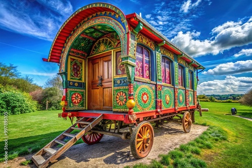 Colorful gypsy caravan for sale showcasing vibrant patterns and rustic charm in a picturesque setting photo