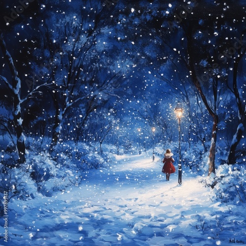 A lone woman walks through a snowy park at night, illuminated by streetlights.