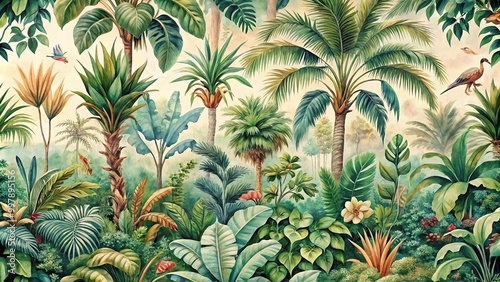 Eye level watercolor pattern wallpaper painting of a jungle landscape in retro style