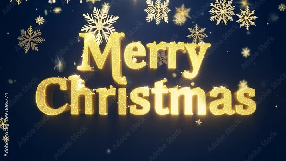 Shimmering golden merry christmas text appears with festive glowing snowflakes on a dark blue background, creating a cheerful holiday scene Shimmering golden merry christmas text appears with festive glowing snowflakes on a dark blue background, creating a cheerful holiday scene