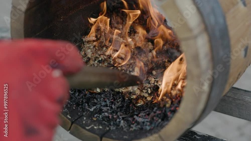 wood barrel handade making process burning inside ancient process photo