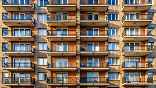 Facade of a multi-storey building with balconies in an extreme close-up view