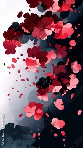 Abstract Floral Design with Pink and Red Petals Falling on a Black and White Background