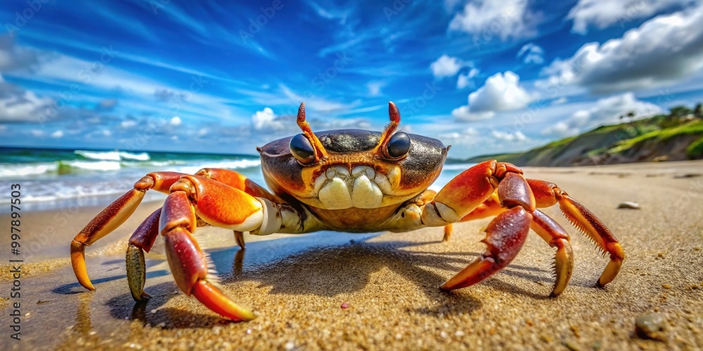 Crab with Black Claws on Sandy Beach, Coastal Wildlife, Close-Up of Marine Life in Natural Habitat Crab with Black Claws on Sandy Beach, Coastal Wildlife, Close-Up of Marine Life in Natural Habitat