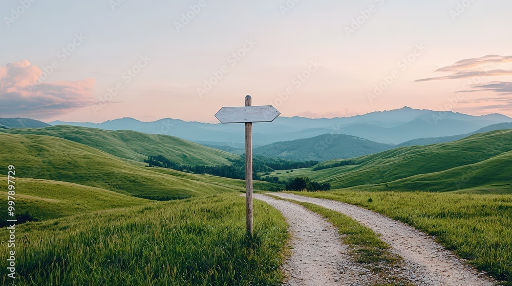 A road sign pointing to 'New Career', serene countryside with soft green hills and a blue sky, peaceful mood, realistic, medium shot with space for text. A road sign pointing to 'New Career', serene countryside with soft green hills and a blue sky, peaceful mood, realistic, medium shot with space for text.