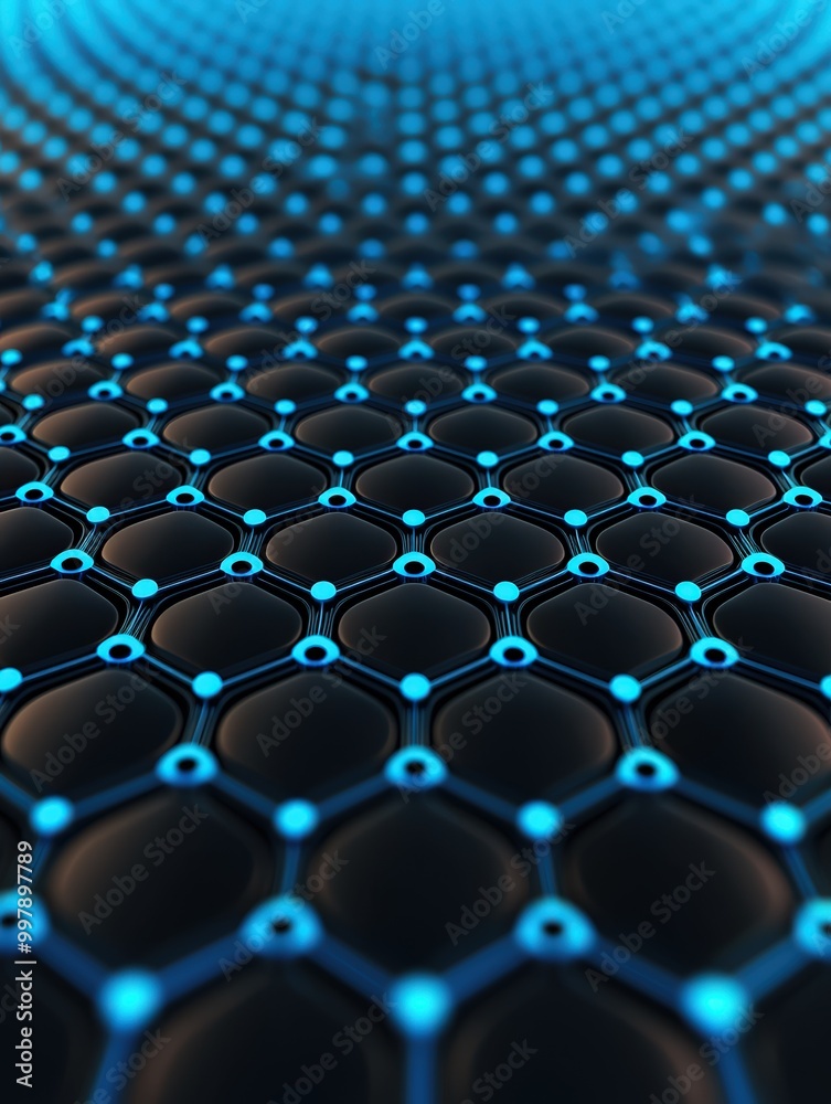 Obraz premium A resume floating on a digital network grid, abstract digital background in shades of blue and black, minimalistic, 3D render, top view with space for text.
