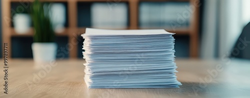 A resume rising out of a stack of papers, clean minimalist office desk with muted tones, peaceful atmosphere, realistic, close-up, space for text.