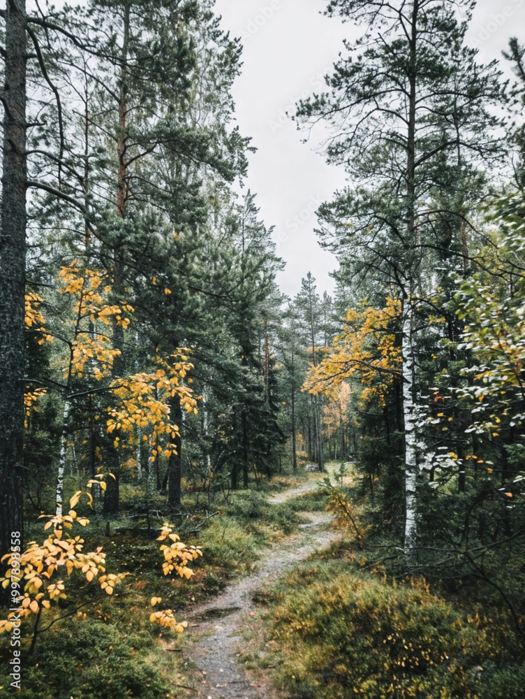 Obraz premium A serene Nordic forest scene with a path leading through the woods. The path is flanked by trees and is surrounded by a canopy of leaves.