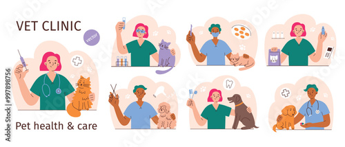 Vet clinic scenes set, hand drawn compositions with male and female veterinarians, pet health care, vector illustrations of dogs, cats, exotic animals, vaccination and grooming in veterinary hospital