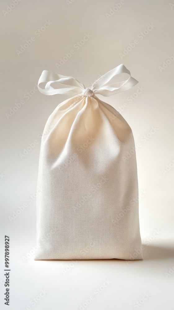 A simple white fabric bag tied with a ribbon, perfect for gift wrapping or decorative storage. A simple white fabric bag tied with a ribbon, perfect for gift wrapping or decorative storage.