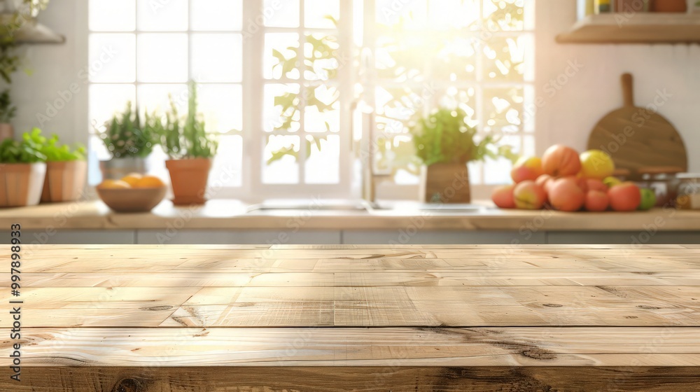 Wood table top on blurred kitchen background. can be used mock up for montage products display or design layout Wood table top on blurred kitchen background. can be used mock up for montage products display or design layout
