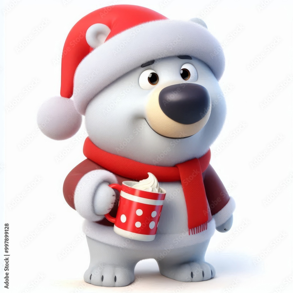 Polar bear in Santa outfit holding a mug of hot chocolate with whipped cream. 3D cartoon character illustration. Christmas and winter holiday concept Polar bear in Santa outfit holding a mug of hot chocolate with whipped cream. 3D cartoon character illustration. Christmas and winter holiday concept