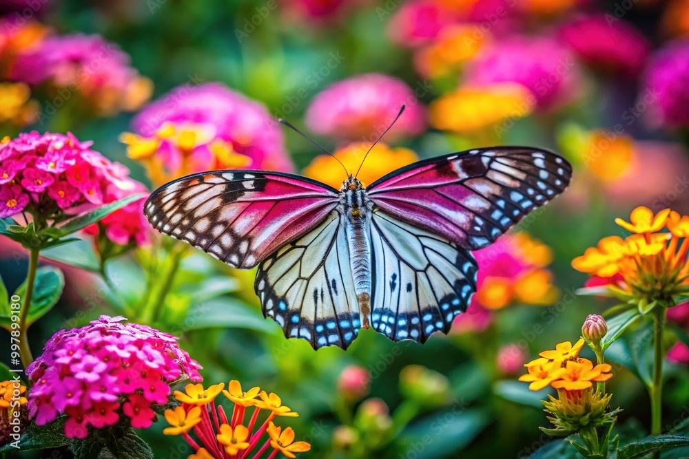 Delicate Pink Butterfly Resting on Vibrant Flowers in a Colorful Natural Garden Setting Delicate Pink Butterfly Resting on Vibrant Flowers in a Colorful Natural Garden Setting