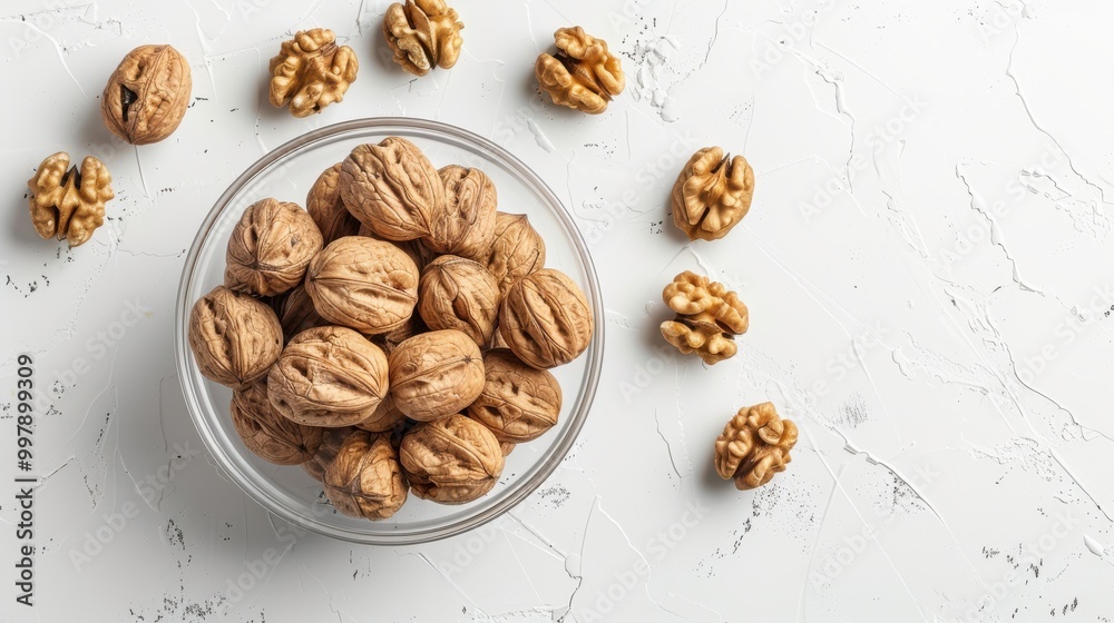 A bowl of walnuts is on a white background A bowl of walnuts is on a white background