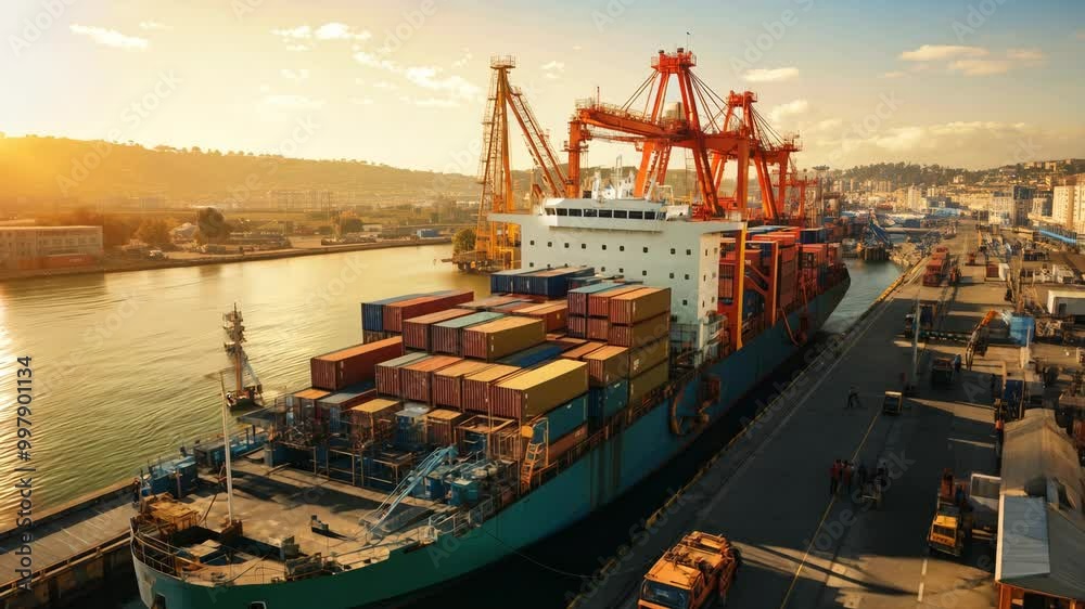 Large cargo ship docked at port with colorful containers at sunset