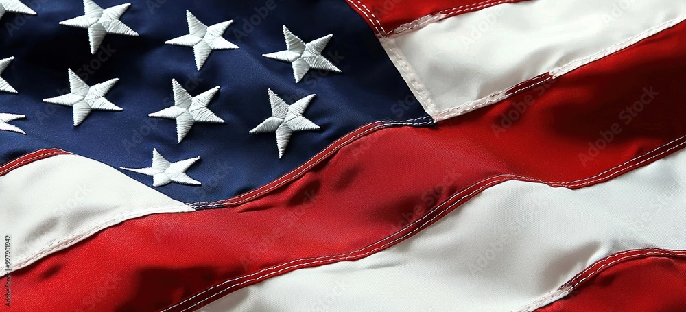 A close-up of the American flag waving in the wind, with its red and white stripes and blue field adorned by stars that symbolize each state. The background is blurred to emphasize the texture A close-up of the American flag waving in the wind, with its red and white stripes and blue field adorned by stars that symbolize each state. The background is blurred to emphasize the texture