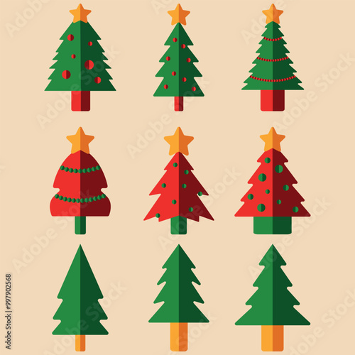 A set of nine stylized Christmas trees with simple geometric shapes and decorative elements. Each tree is topped with a star and features different ornamentation, perfect for festive designs. photo