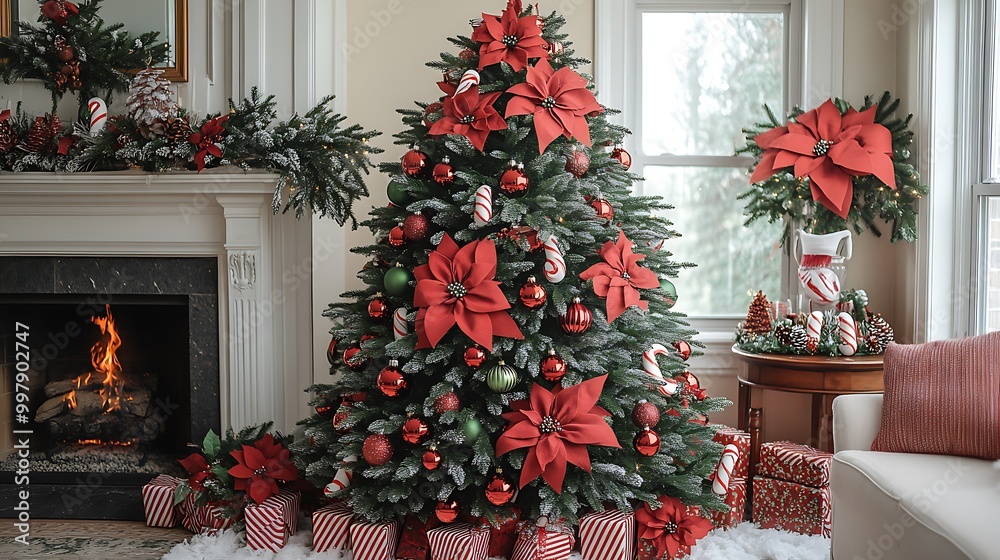 Naklejka premium A festive Christmas tree covered in red and green baubles, striped candy canes, and classic red bows, placed in a living room with a fireplace and traditional holiday decor,