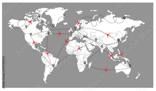 flight line paths going across blue world map, flying white airplanes routes vector illustration