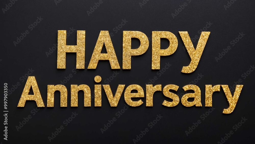happy anniversary word lettering with glitter gold shining effect on plain black background happy anniversary word lettering with glitter gold shining effect on plain black background