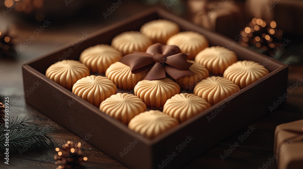 Mini butter cookies arranged in a gift box with a bow, ready for gifting, Butter Cookie Gift Box, Festive and elegant packaging Mini butter cookies arranged in a gift box with a bow, ready for gifting, Butter Cookie Gift Box, Festive and elegant packaging