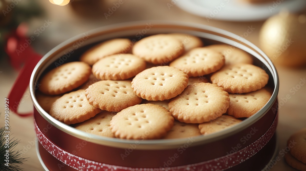 Close-up of a tin filled with snowflake-shaped Christmas cookies, decorated with festive red ribbons.