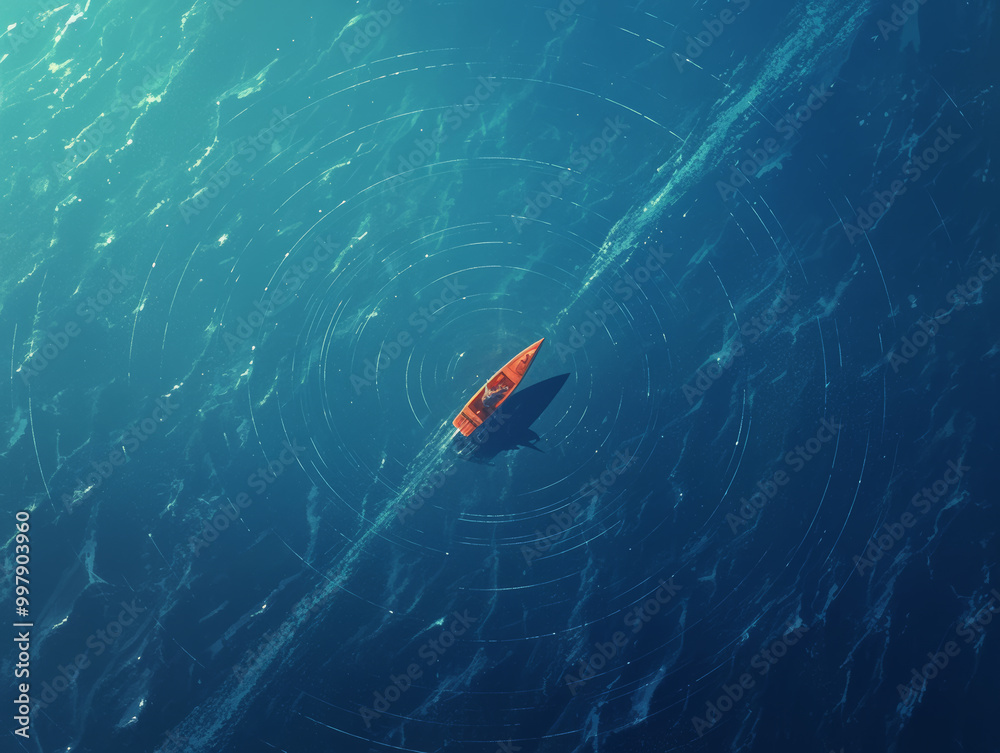 Fototapeta premium Lonely small boat sailing on the sea