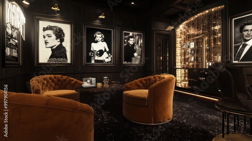 Home office with a vintage Hollywood theme, featuring glam decor, plush velvet seating, and black-and-white movie stills Elegant and nostalgic