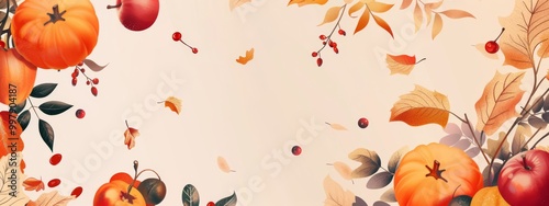 Autumn fruits, vegetables and leaves frame on light background, seasonal illustration with copyspace for your text, autumn harvest or Thanksgiving celebration