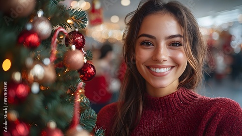 Office staff having a holiday celebration with a Christmas tree and festive decor