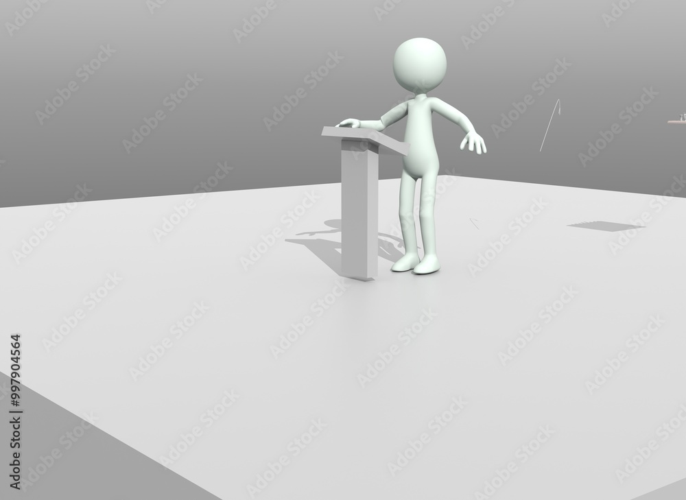 Mann auf Bühne steht vor einem Rednerpult cgi Mann auf Bühne steht vor einem Rednerpult cgi
