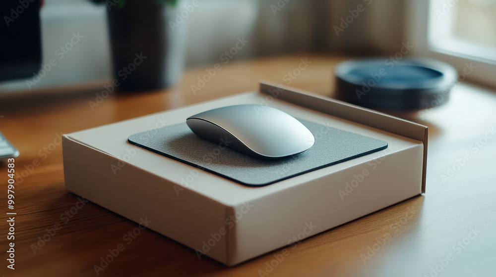 Modern Wireless Mouse on Desk with Packaging Modern Wireless Mouse on Desk with Packaging