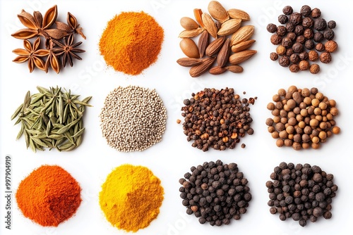 An assortment of spices including anise, turmeric, nutmeg, black pepper, and mustard seeds