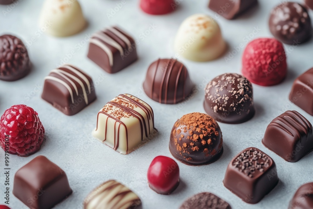 Assorted chocolate confections, pralines, truffles. Various size and shaped chocolates, arranged on light surface. Assorted chocolate confections, pralines, truffles. Various size and shaped chocolates, arranged on light surface.